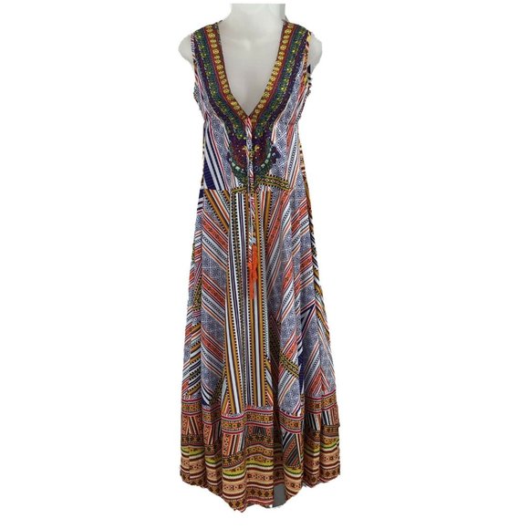 NWT OSHOPLIVE Women's Sz S Colorful V-Neck Bohemian Gypsy Festival Long Dress - Picture 1 of 12